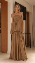 Elegance Strapless Draped Maxi Dress in camel front view