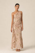 Front view of champagne one-shoulder sequin evening gown with floral appliques