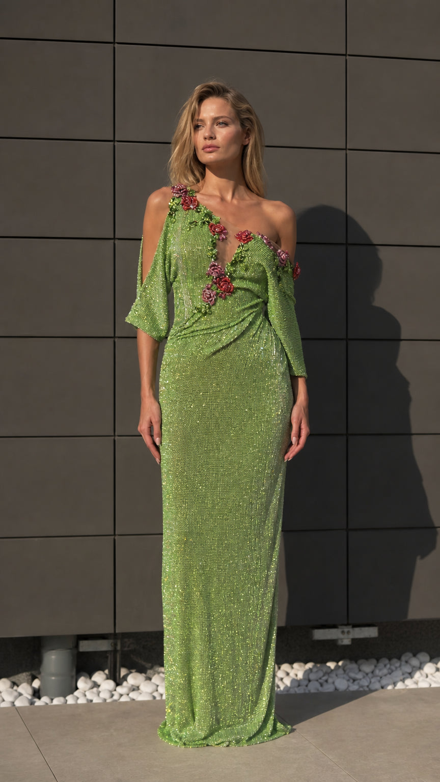 Front view of green one-shoulder embellished floral maxi evening dress