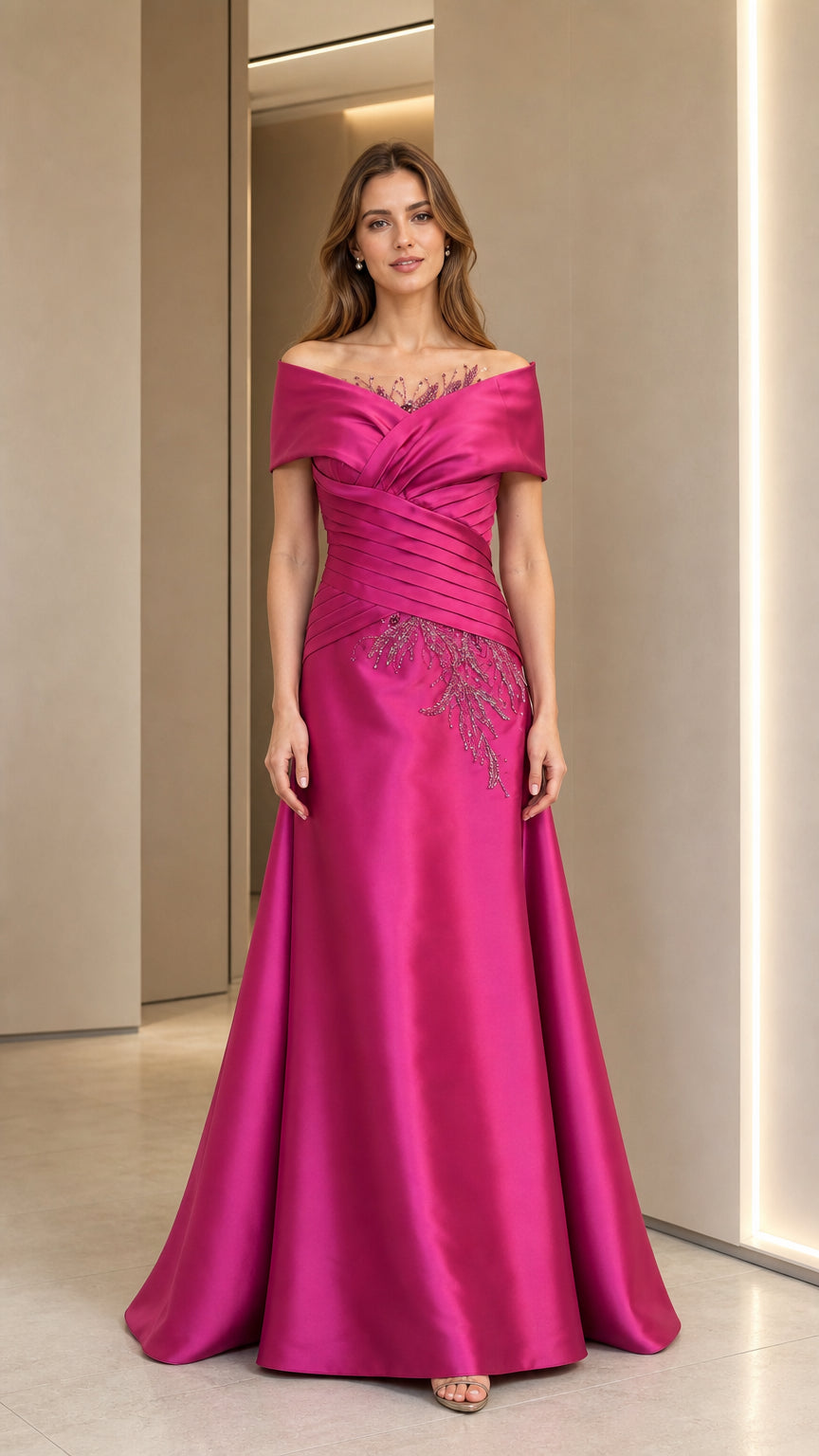 Front view of fuchsia off-shoulder evening gown