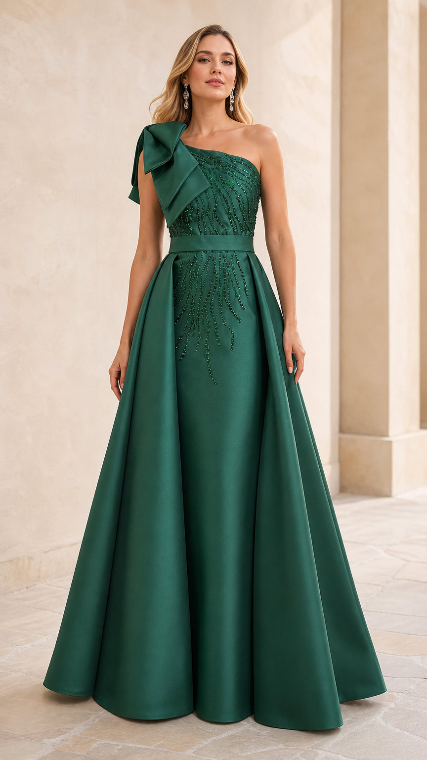 Emerald Green One-Shoulder Bow Embellished Beaded Evening Gown front view
