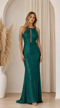 Emerald green sequin halter neck evening dress front view