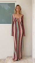 Front view of model wearing Multicolor chevron knit maxi dress