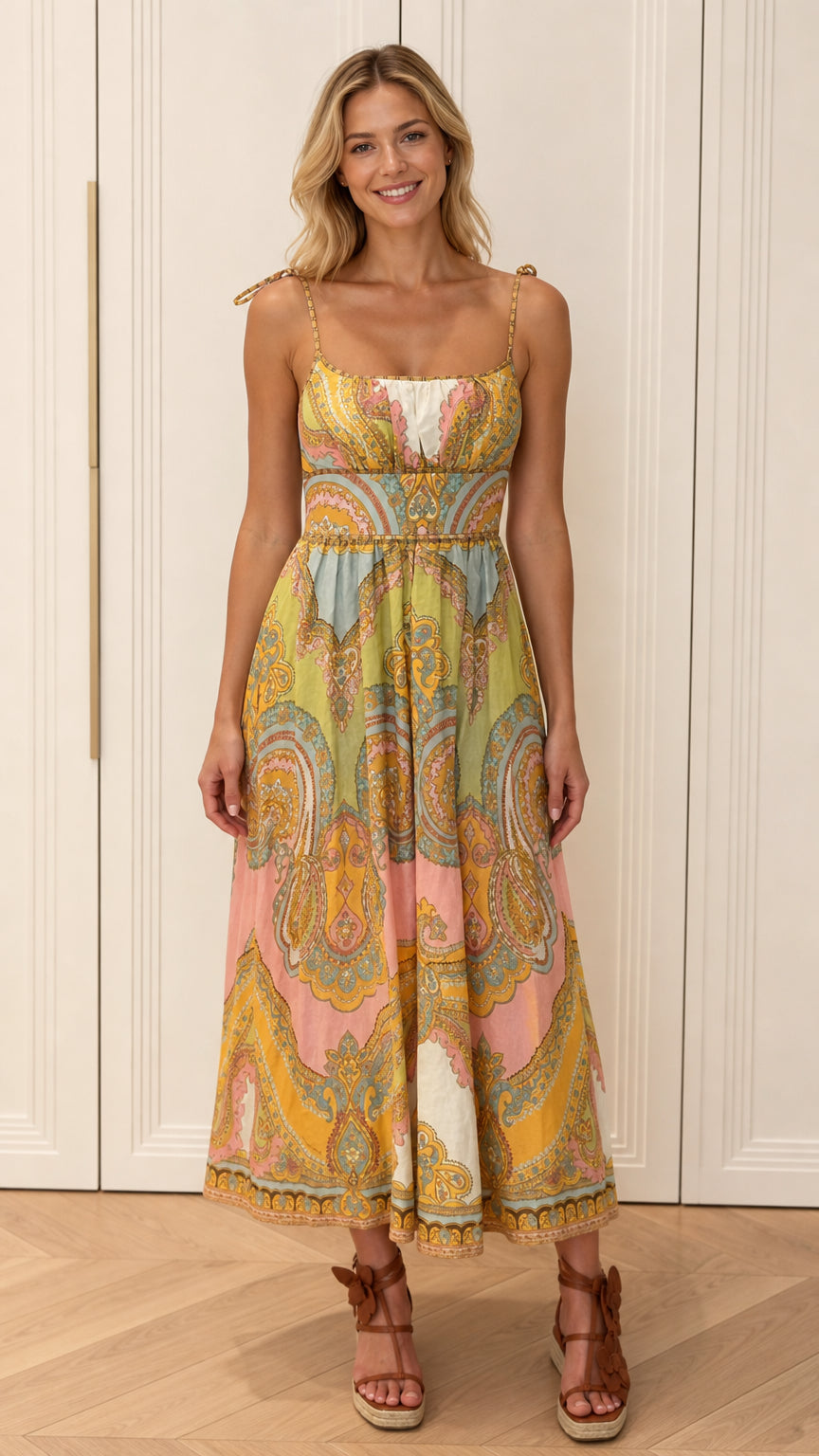 Front view of model wearing multi-color paisley tie-strap midi dress