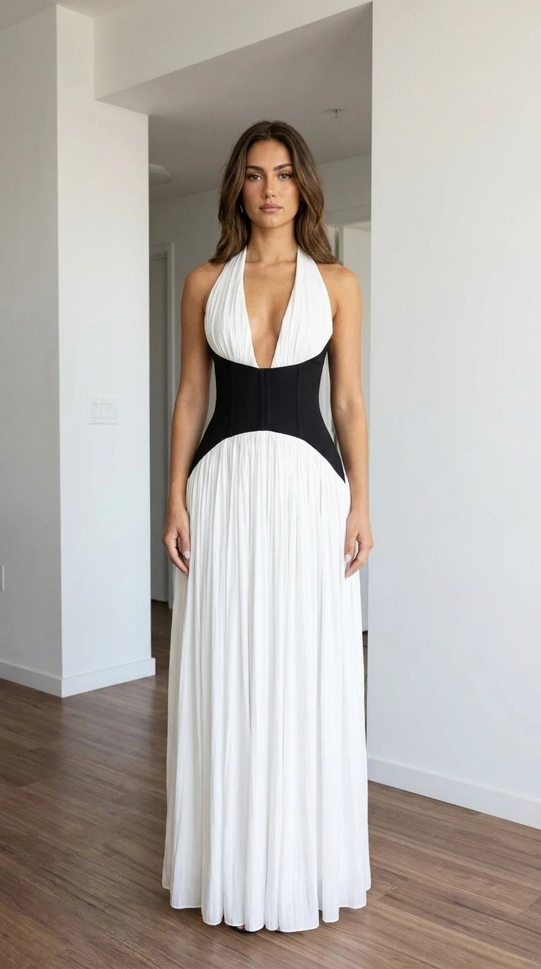 Front view of white halter pleated maxi dress
