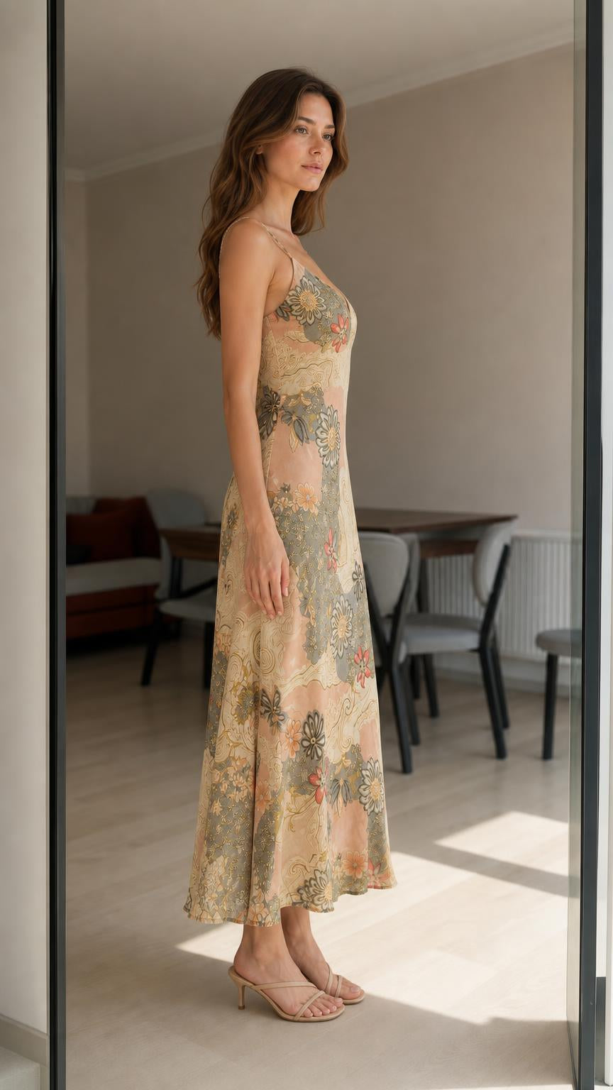 Side view of woman in beige floral slip dress with heels