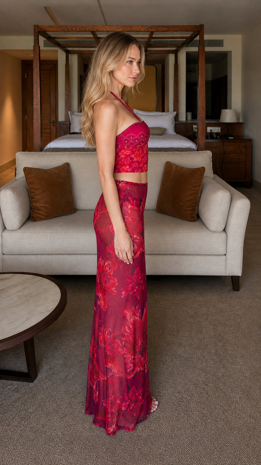 Side view of model in Fuchsia two-piece set