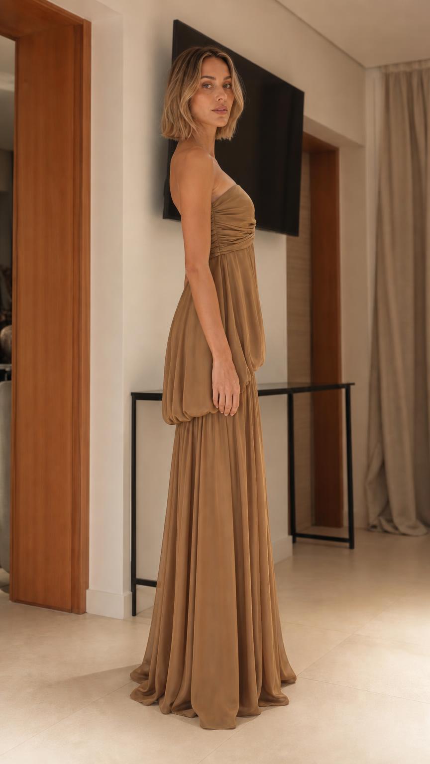 Elegance Strapless Draped Maxi Dress in camel side profile view
