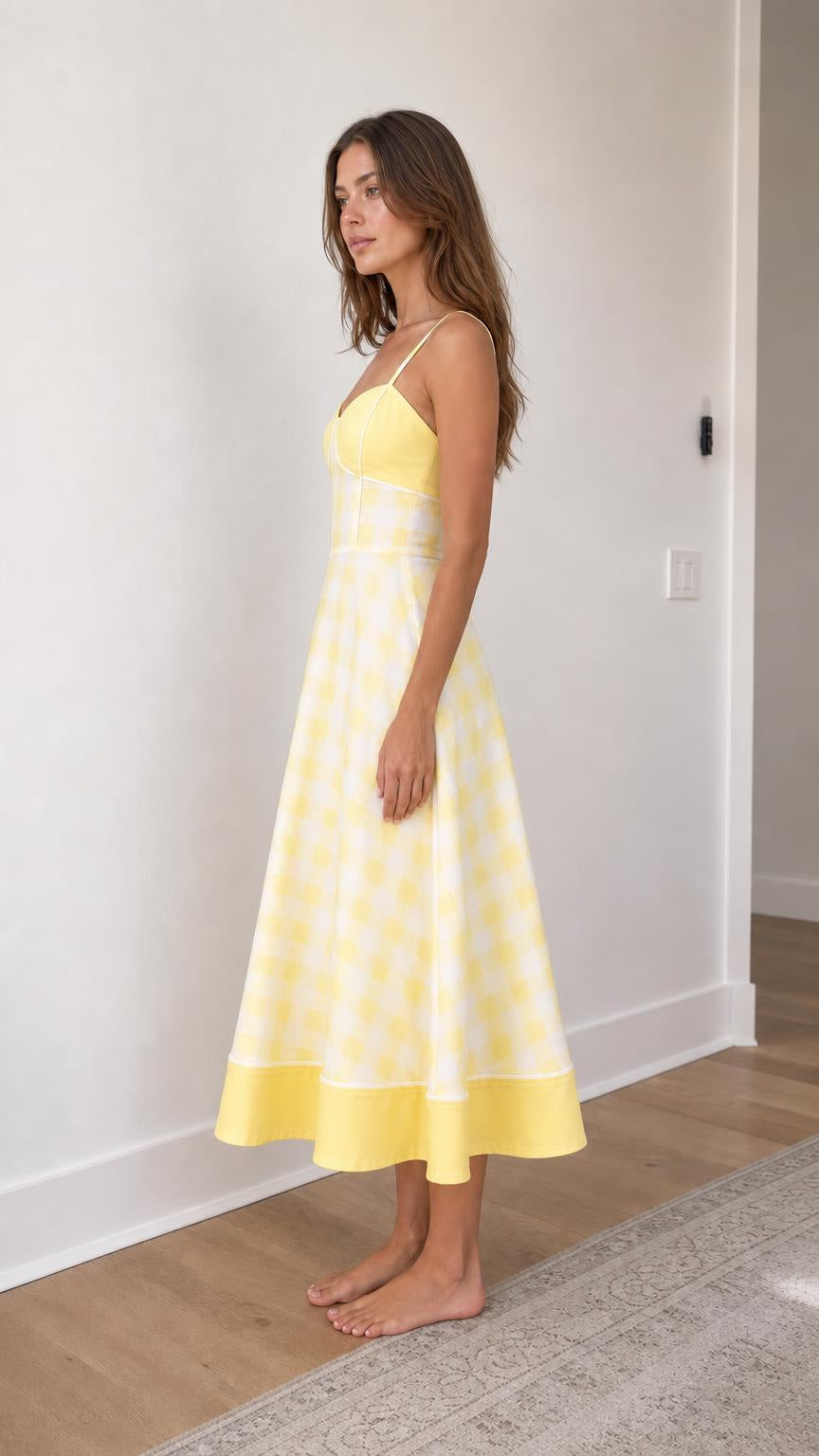 Side view of yellow gingham sundress