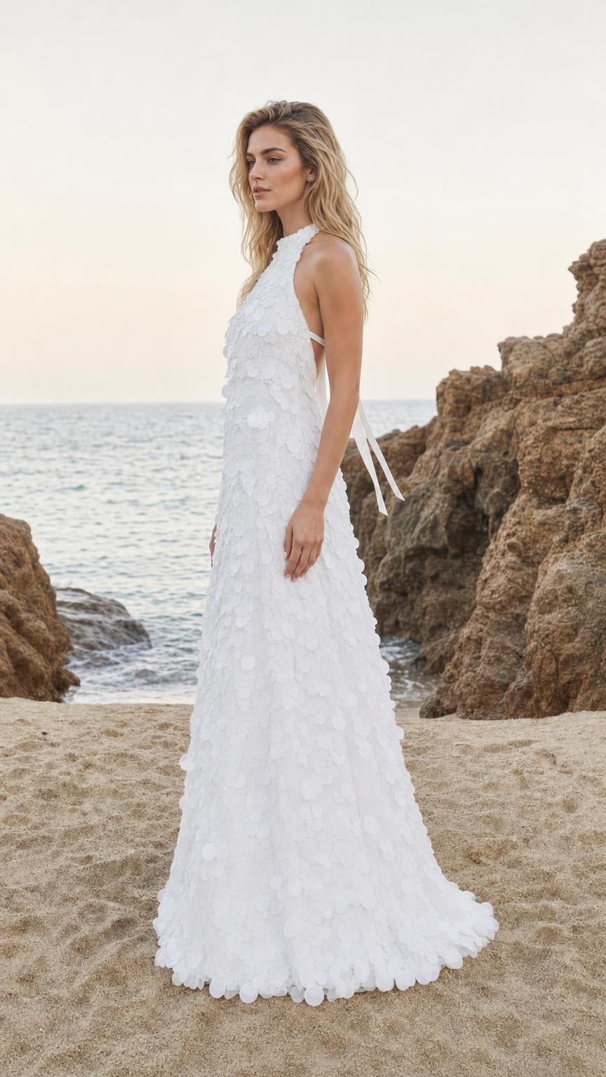 Side profile of White halter maxi dress showing draped fit