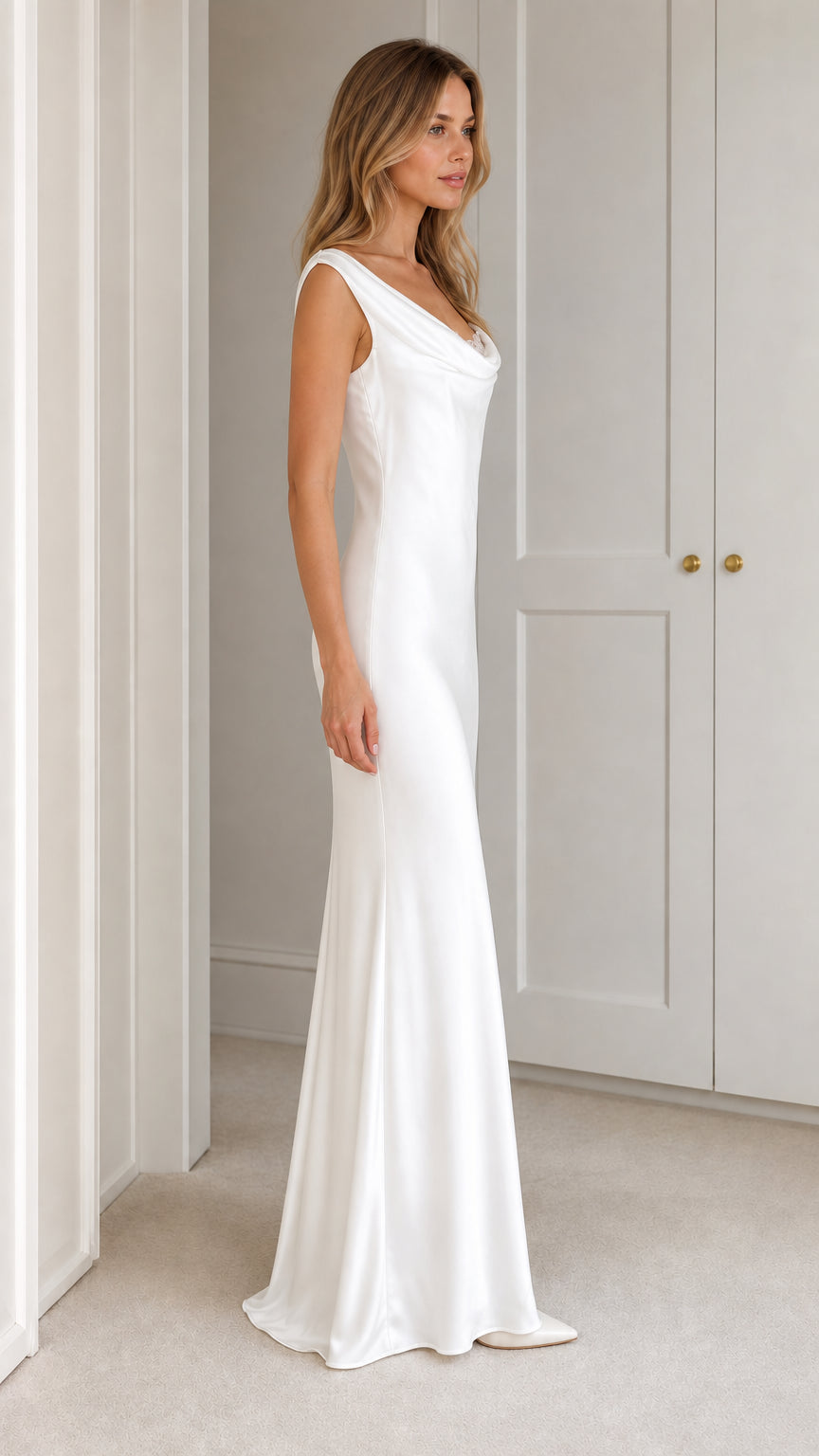 Model wearing white satin maxi dress, side profile view