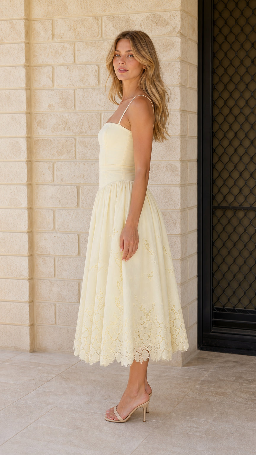 Side view of yellow midi dress