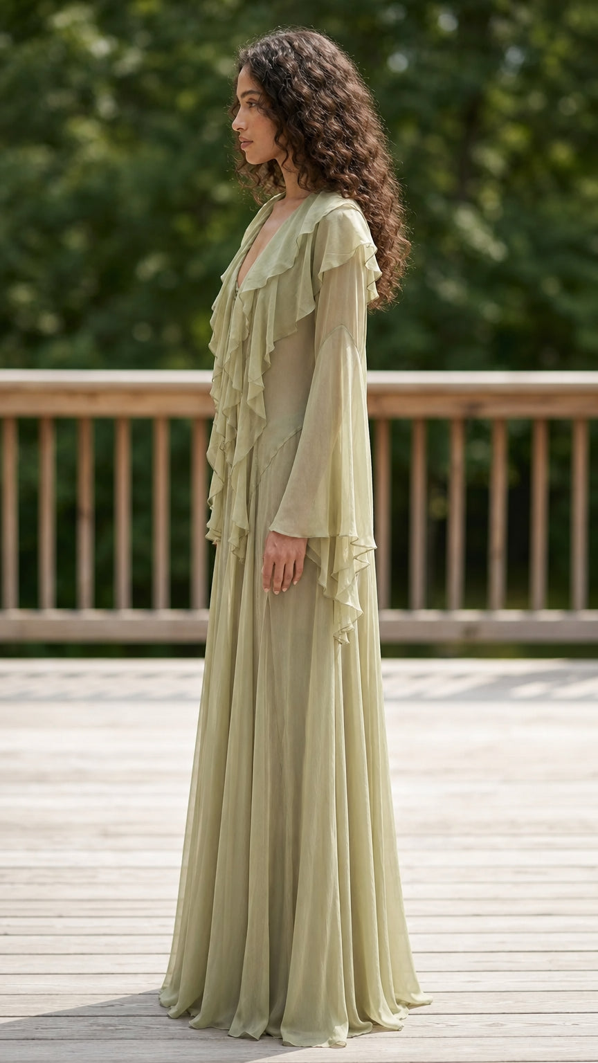 Side profile of model in sage green ruffle maxi dress