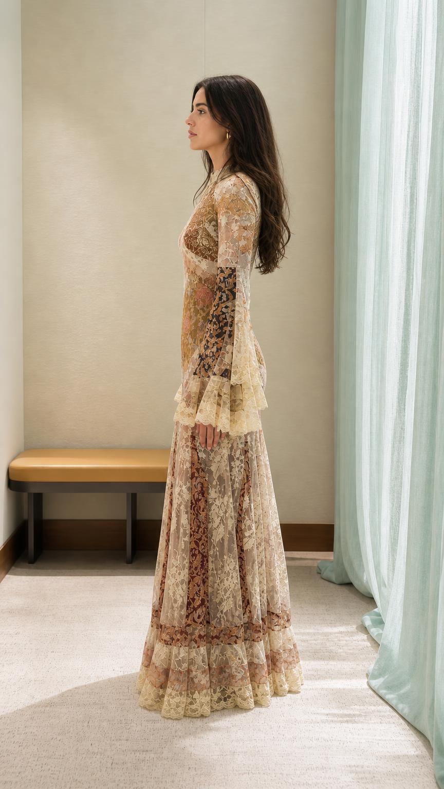 Side profile view of model wearing the long sleeve lace maxi dress