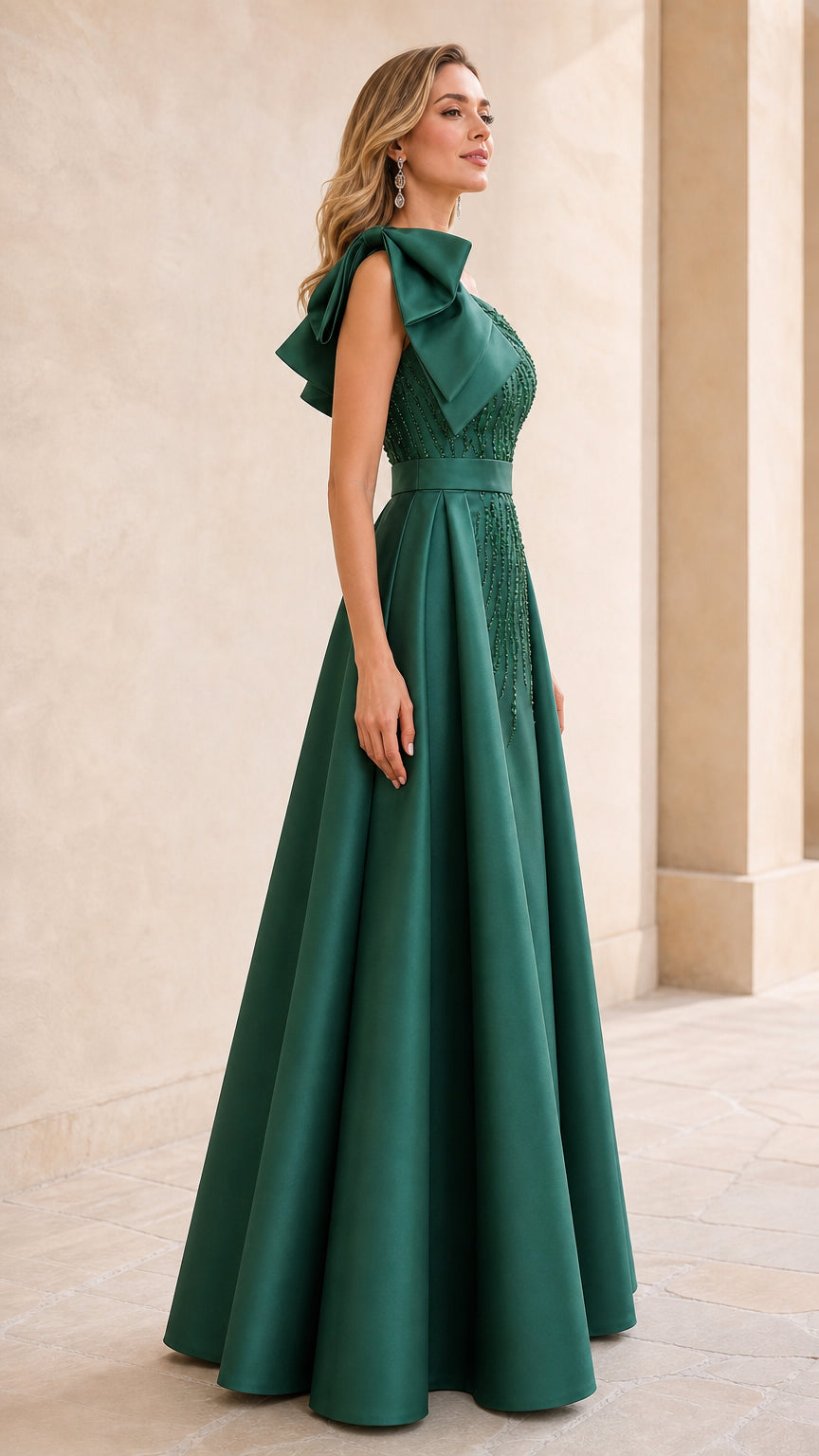 Emerald Green evening gown side profile view