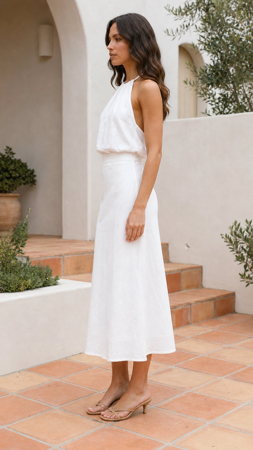 Side profile view of the white midi dress set