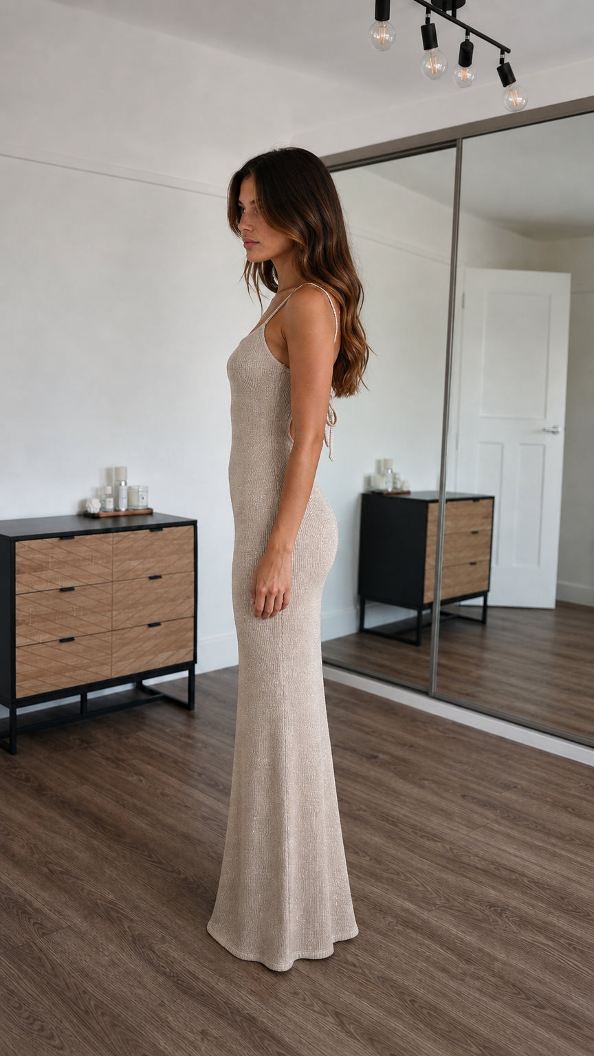 Side profile view of champagne sparkle knit slip dress