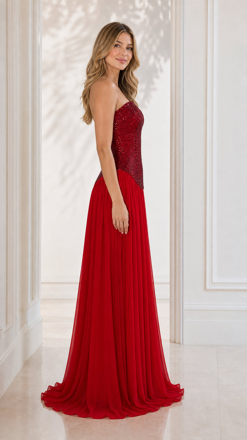 Side profile view of red evening dress