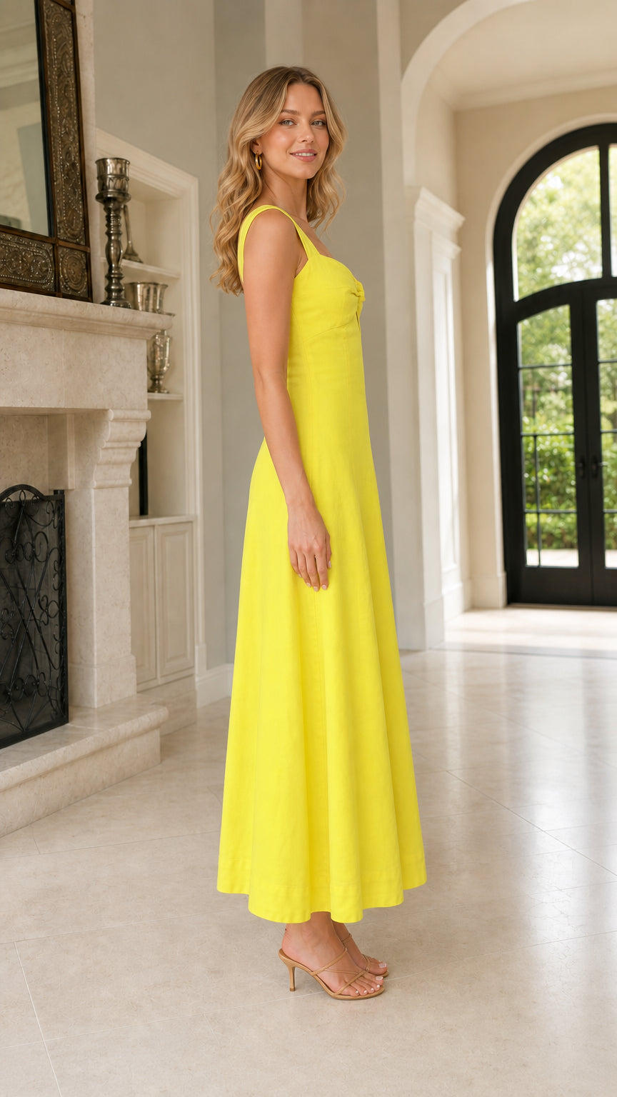 Side view of woman wearing yellow tie-front midi dress