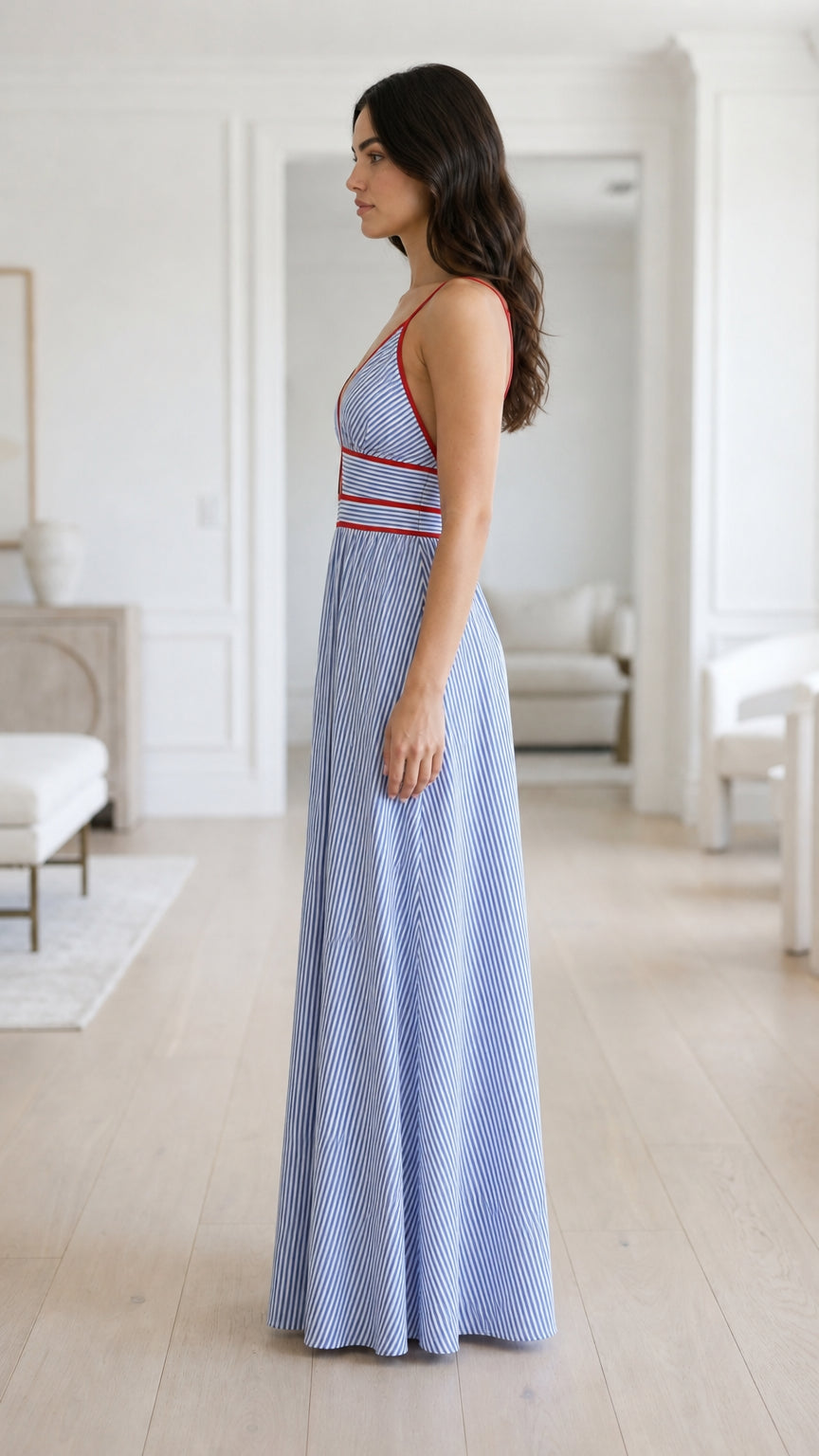Side profile of model in blue striped maxi dress