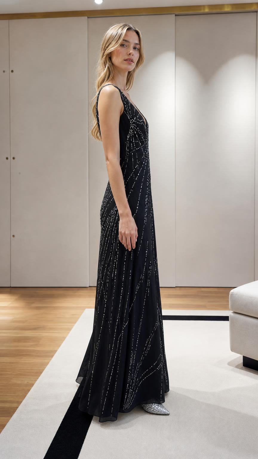 Model wearing Black Beaded V-Neck Maxi Evening Dress side view