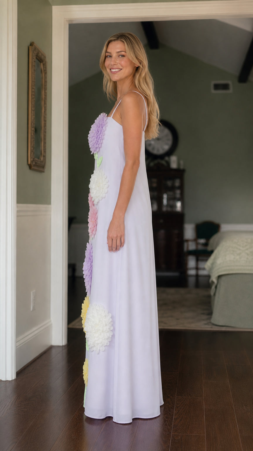 Side profile of model in Lilac floral maxi dress