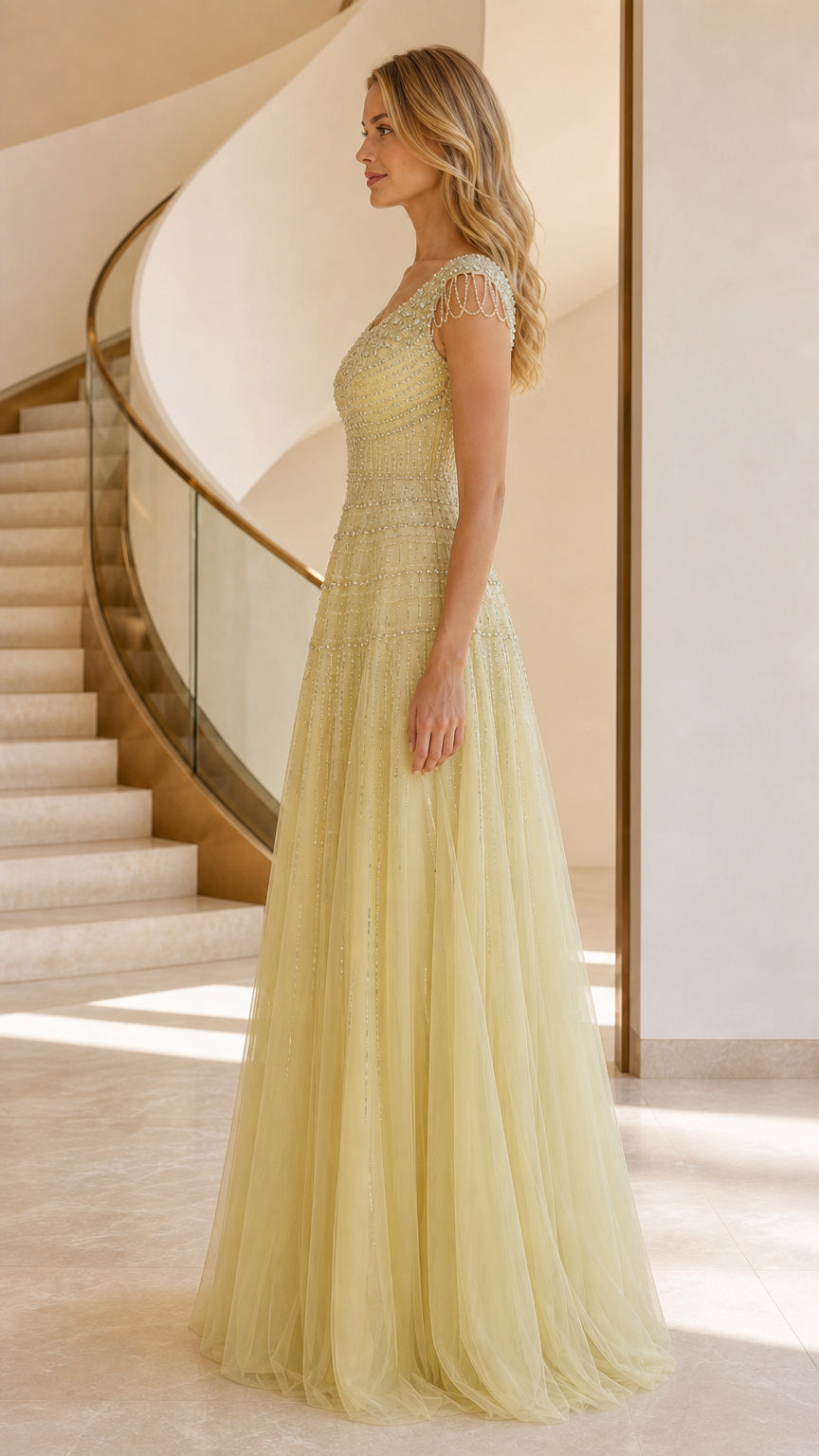 Side profile of yellow beaded tulle evening gown