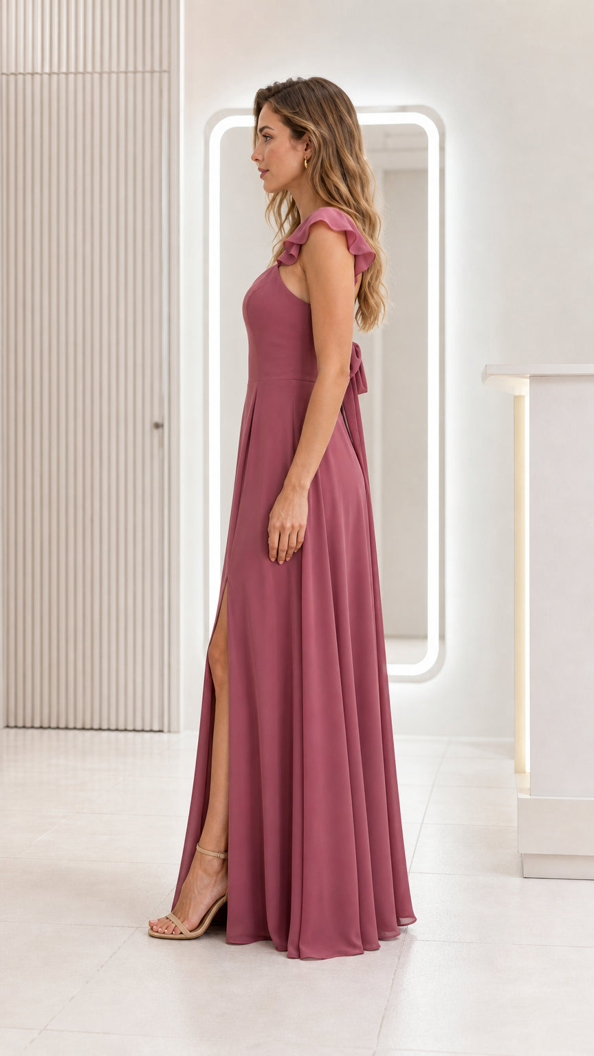 Side profile view of mauve evening dress