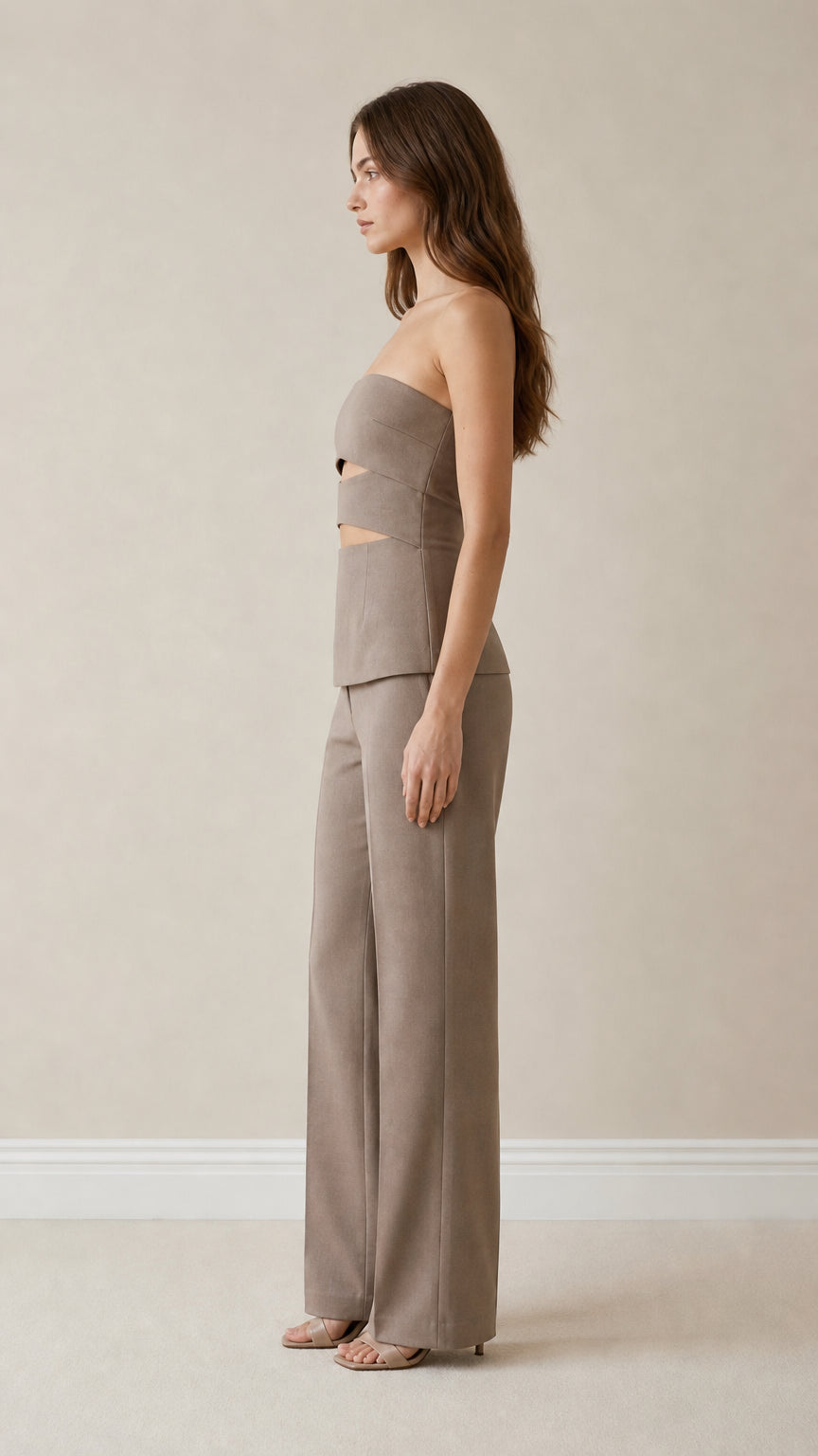 Side profile view of taupe pant set