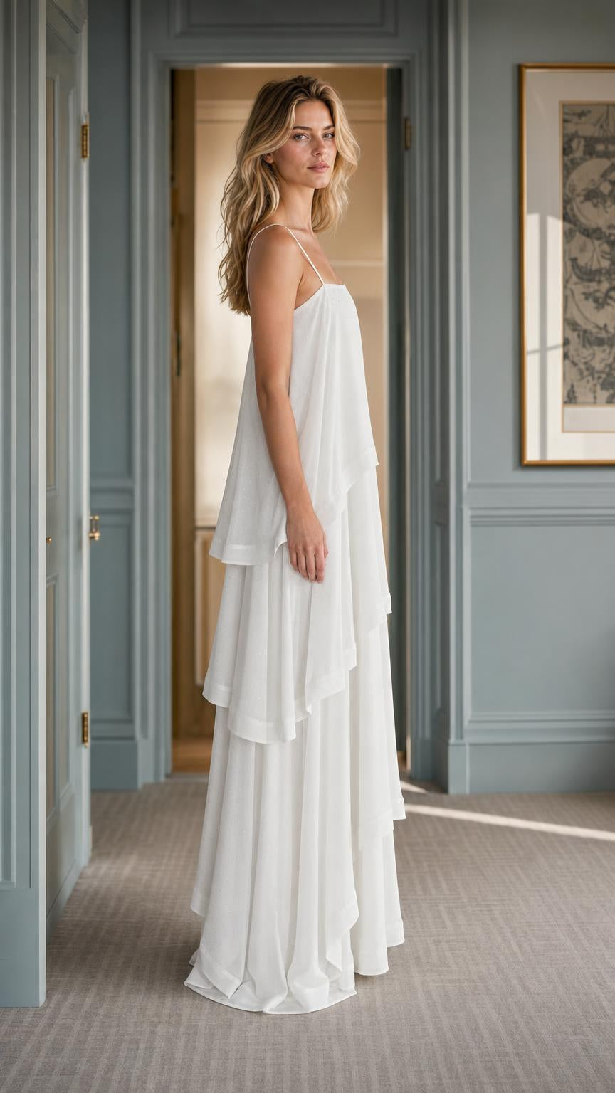 Side profile of woman in flowing white maxi dress