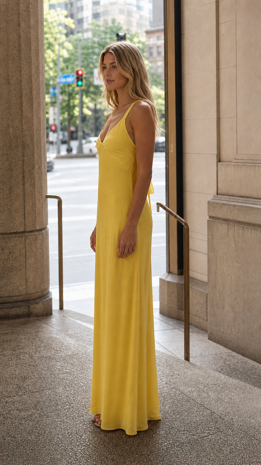 Side profile of yellow satin maxi dress