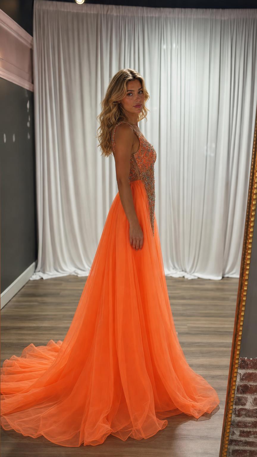 Side profile view of orange evening dress showing tulle train and silhouette