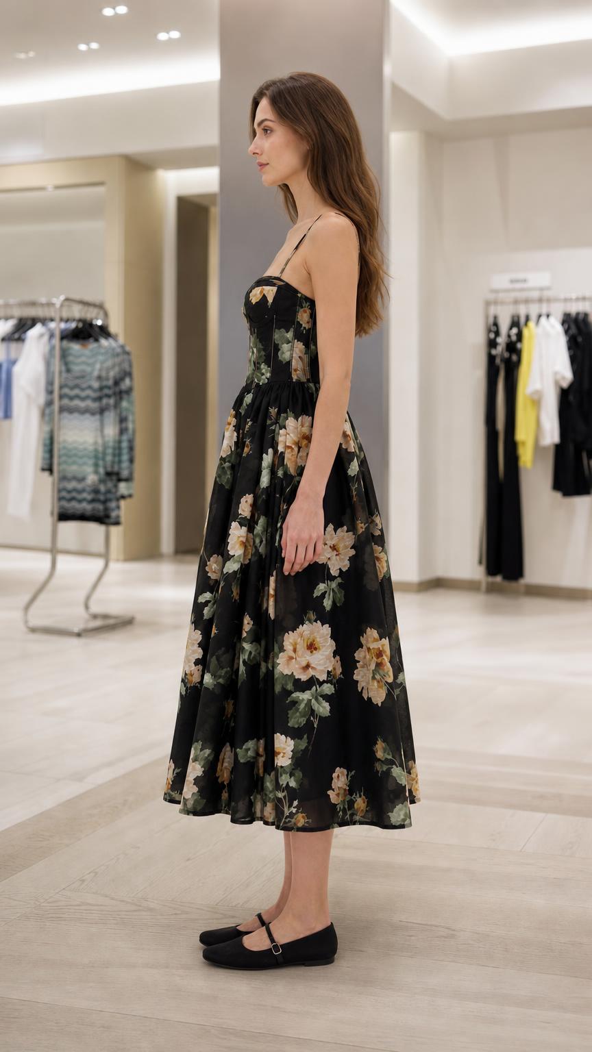 Side view of black floral corset midi dress