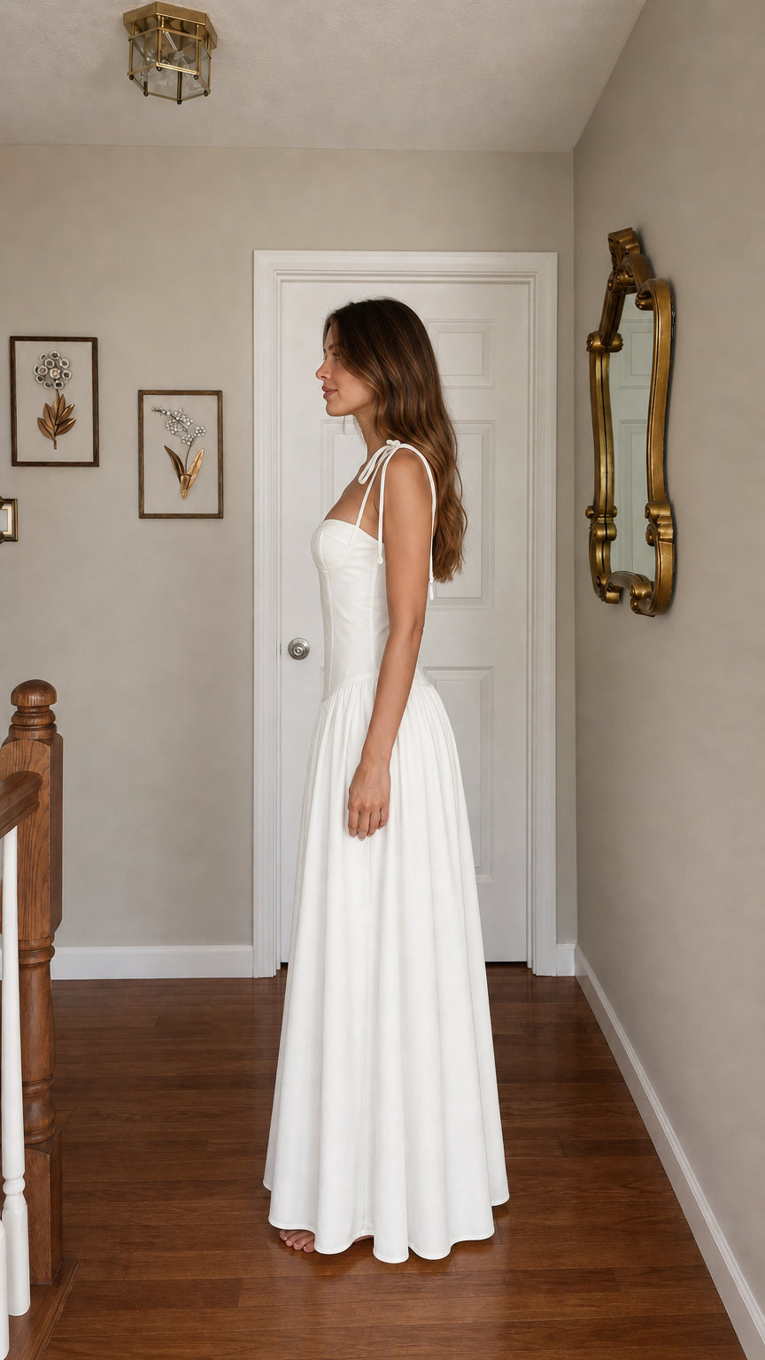 Side profile view of white tie-strap corset maxi dress