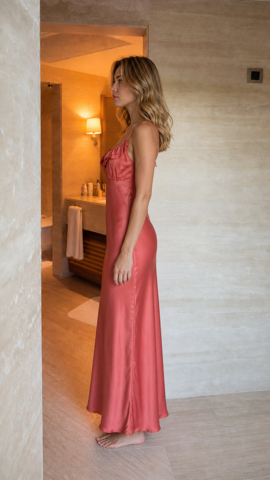 Satin Ruffle Trim Maxi Slip Dress