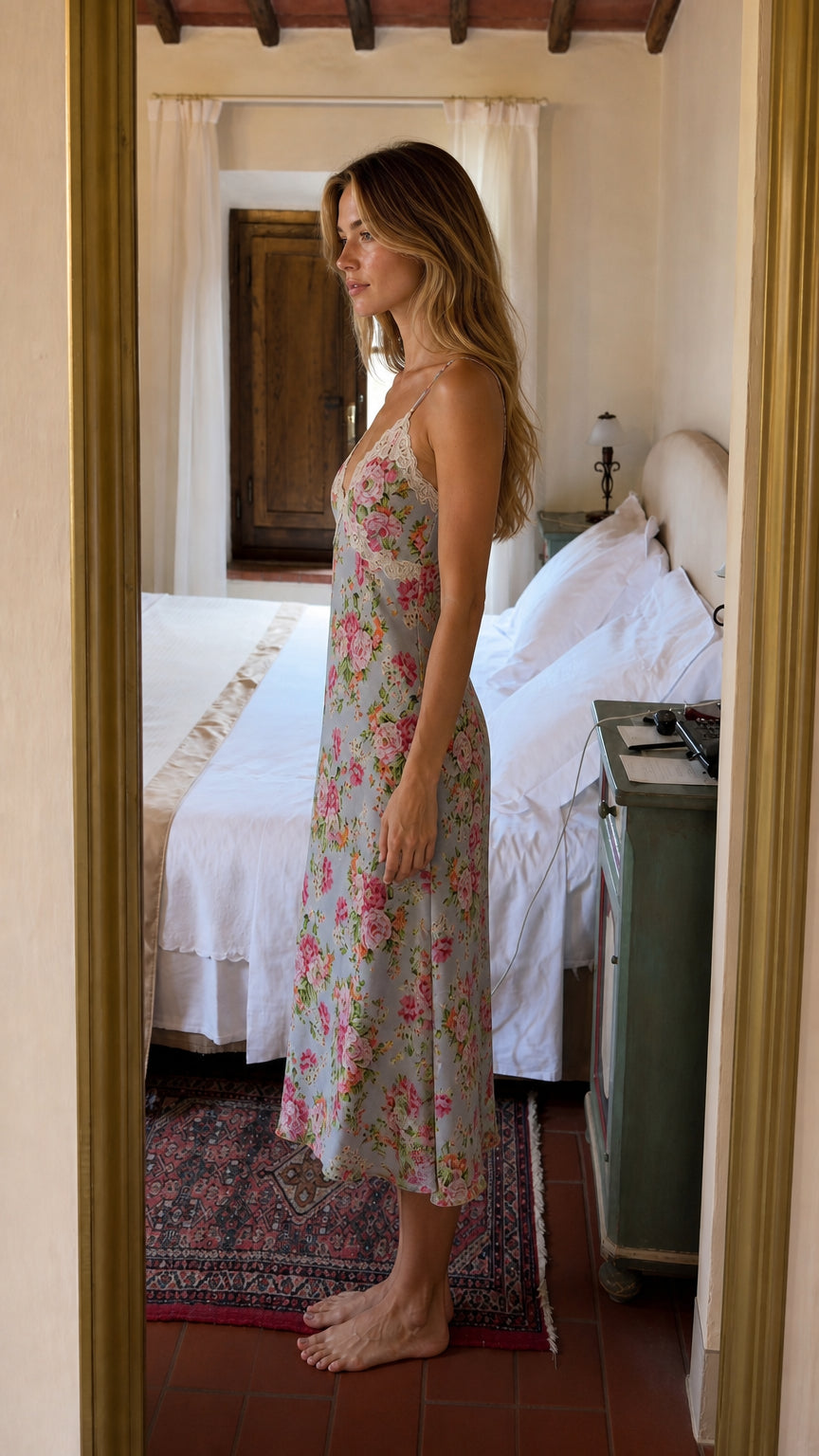 Side profile view of woman wearing Light Blue floral slip dress