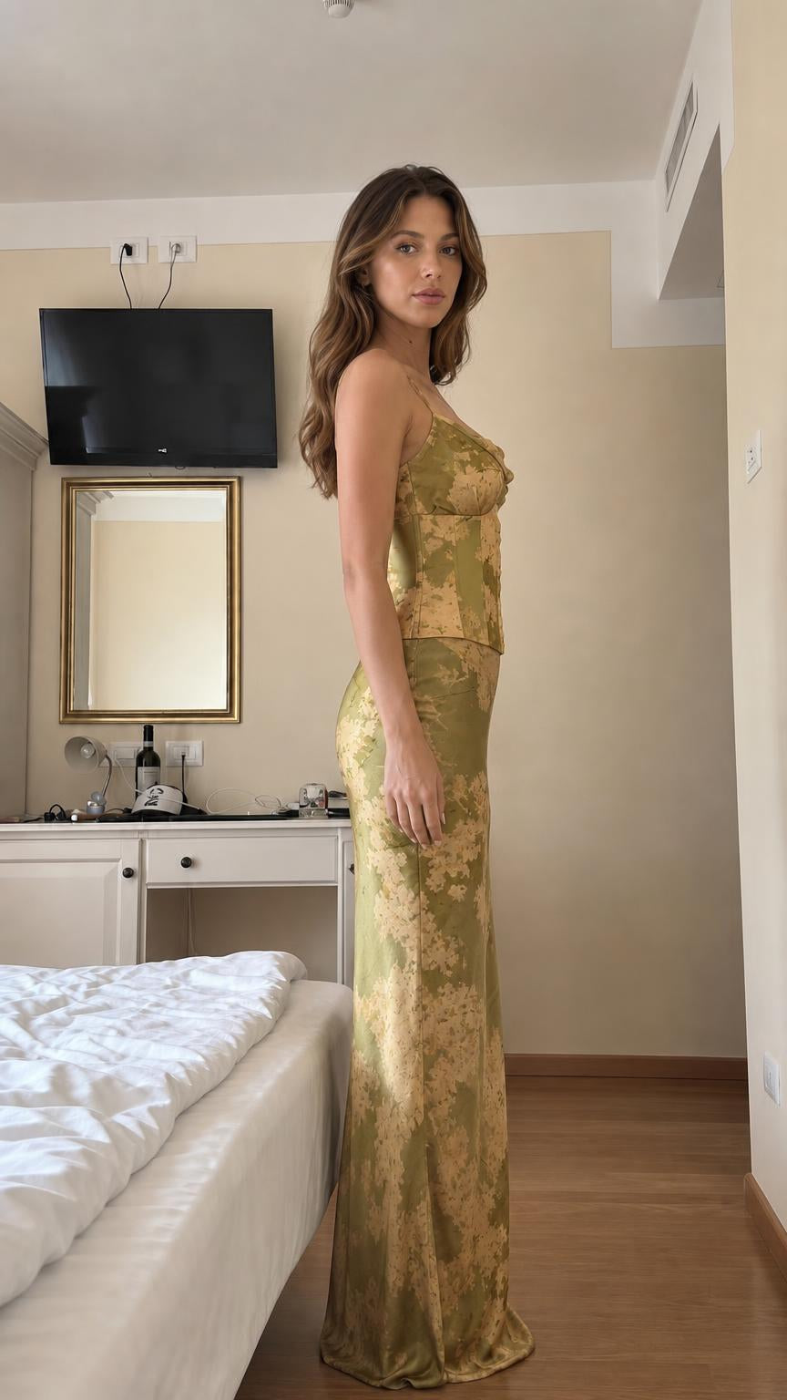 Side profile of olive floral satin set