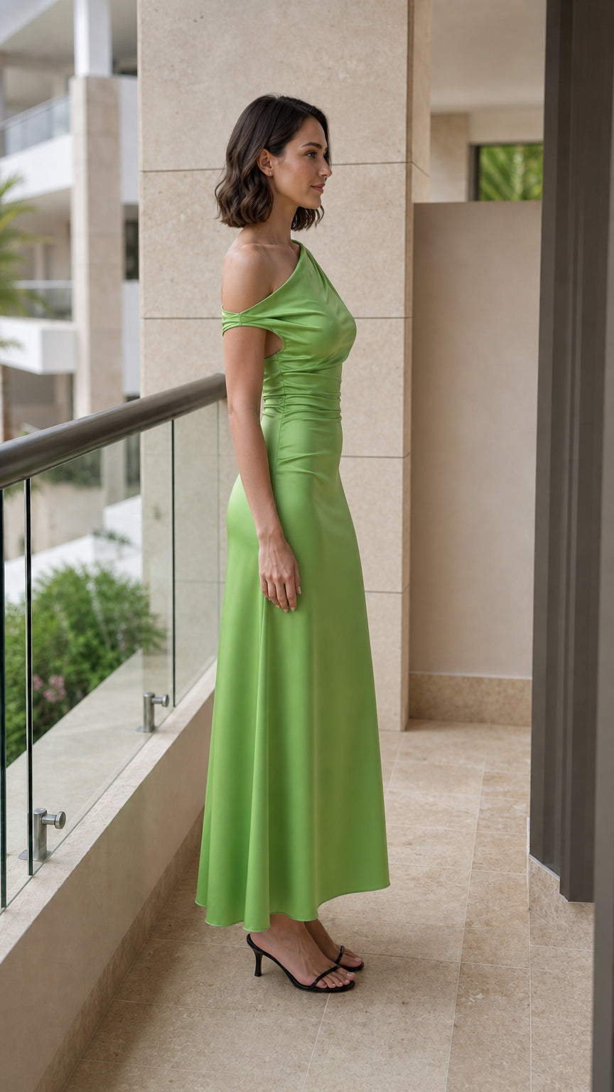 Model showcasing side profile of lime green satin maxi dress