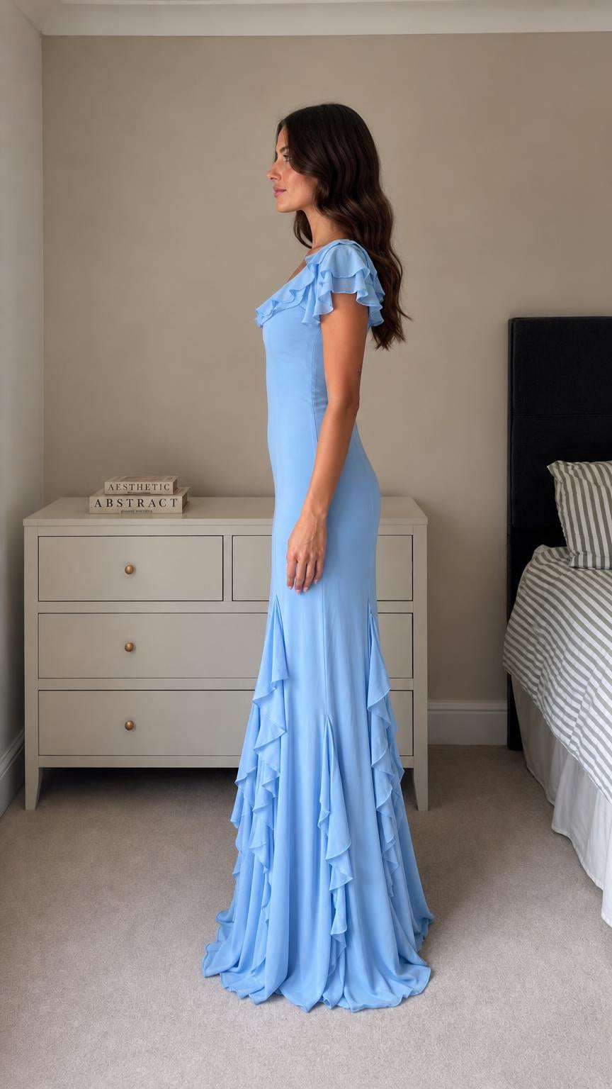 Side profile view of Light Blue evening gown showing mermaid hem