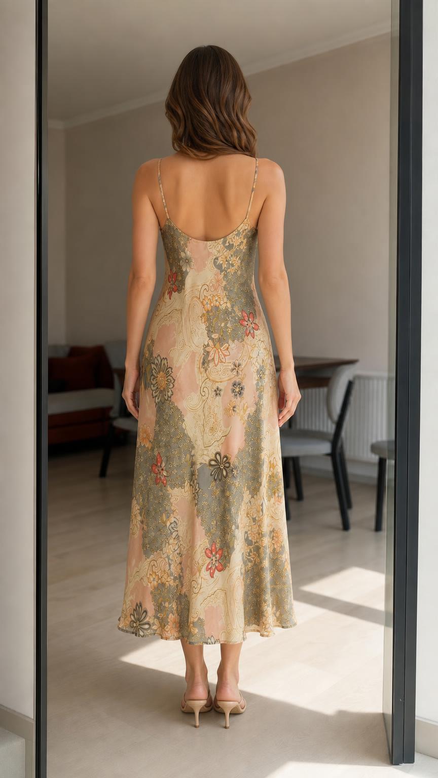 Back view of woman wearing beige slip midi dress