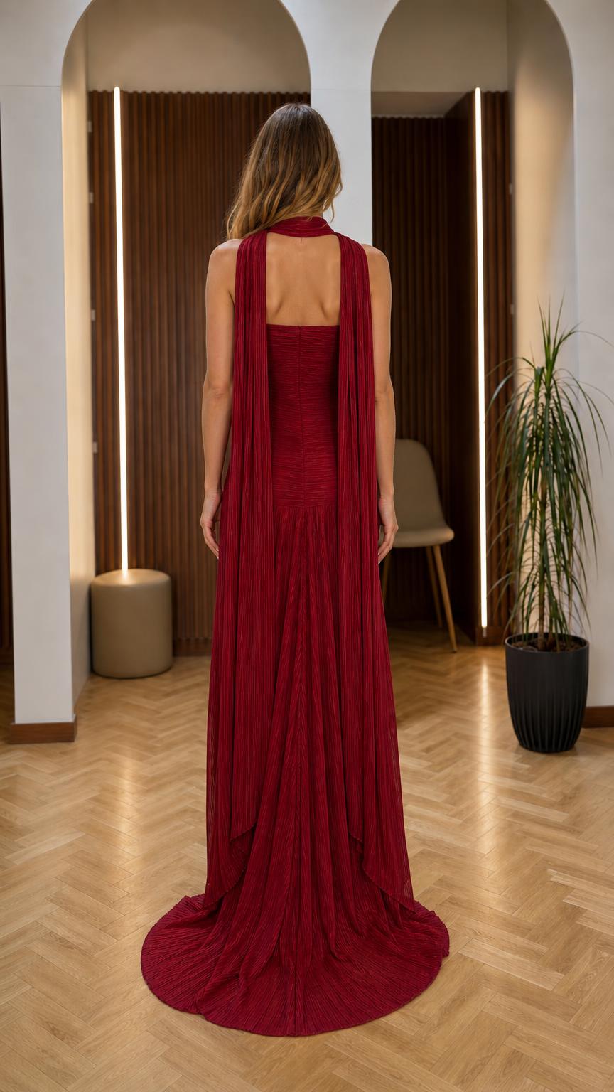 Back view of burgundy formal dress showing train and scarf