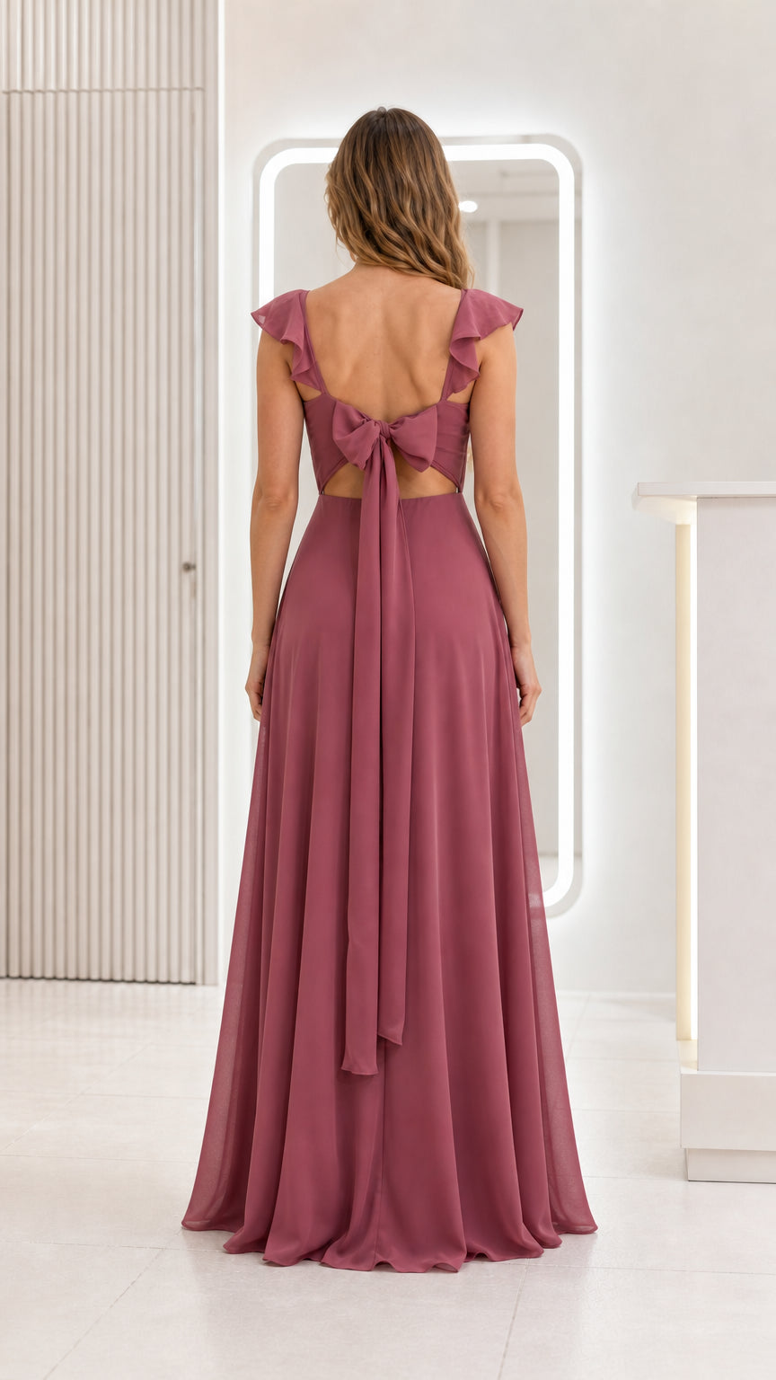 Back view showcasing tie bow and open back detail