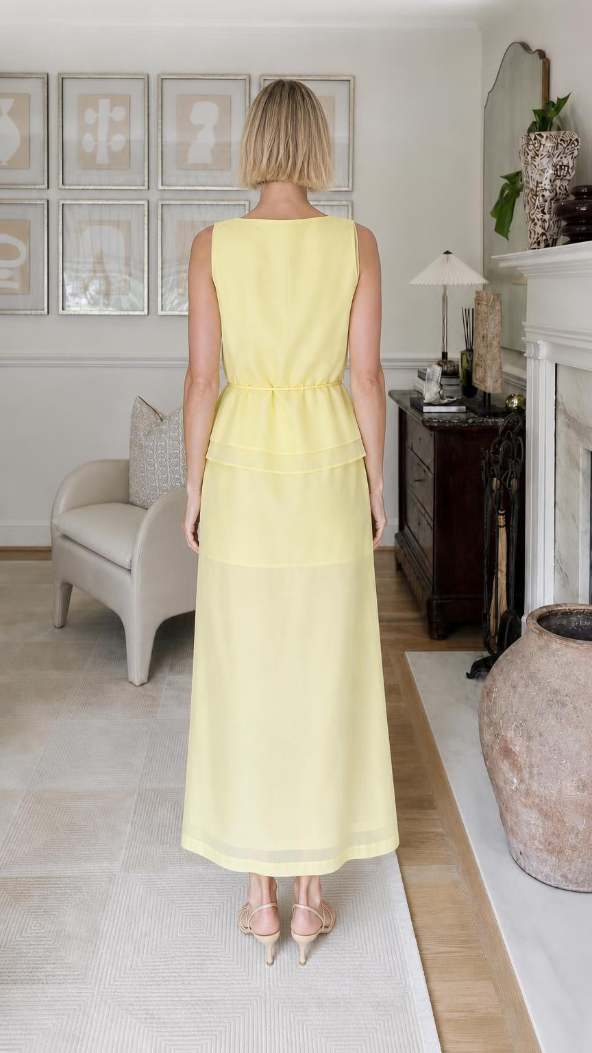 Back view of yellow tiered maxi dress
