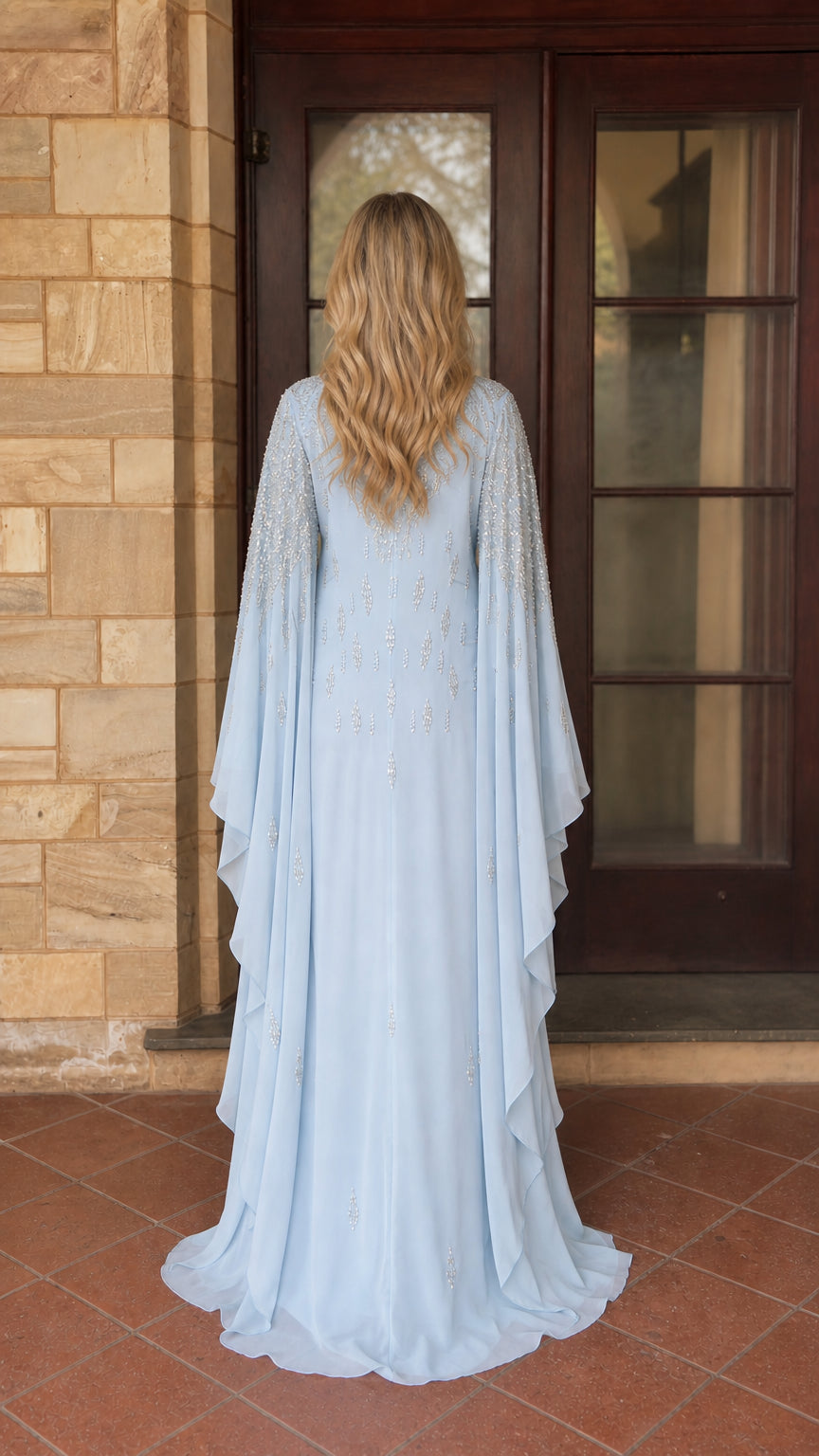 Back view of light blue beaded kaftan maxi dress