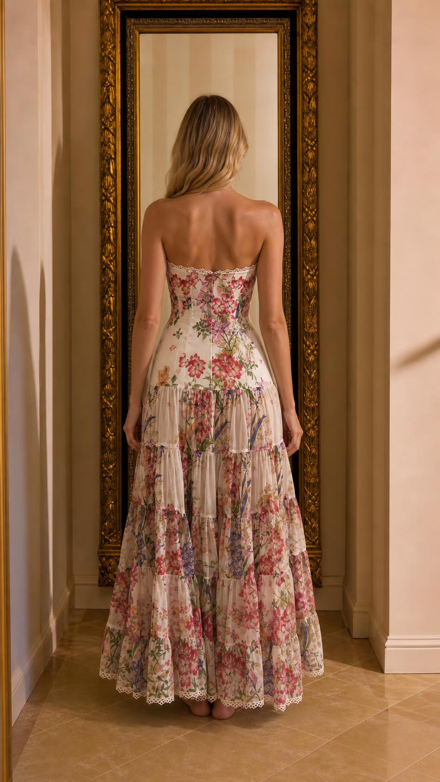 Back view of model in white floral maxi dress