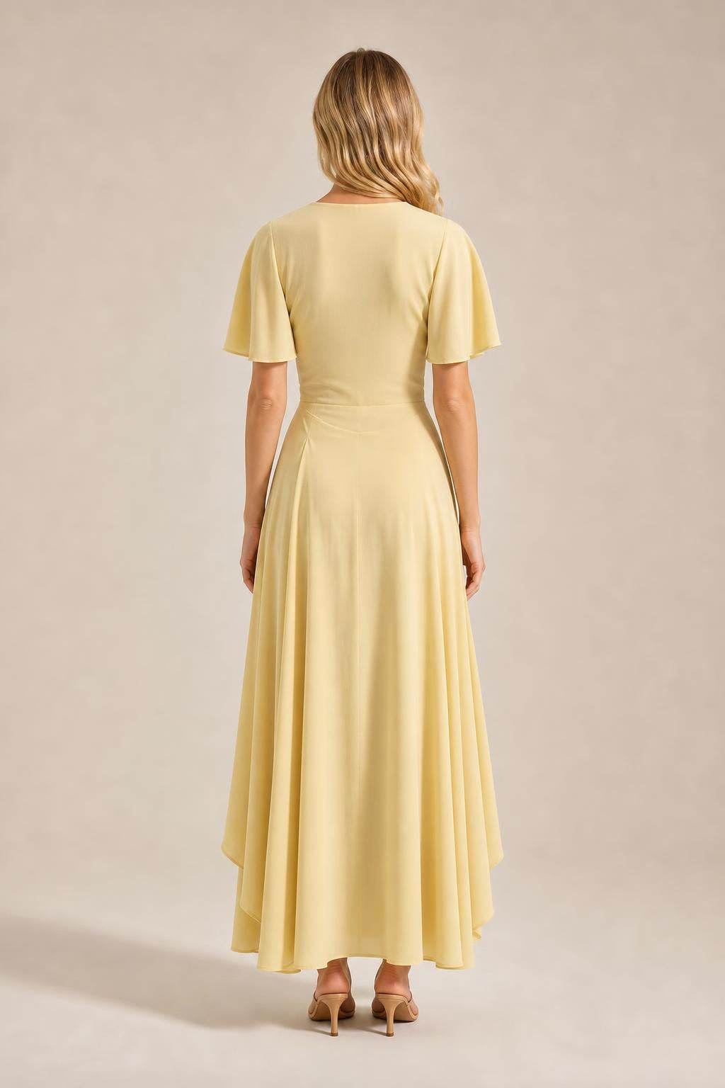 Back view of yellow maxi dress showing sleek fit and back neckline