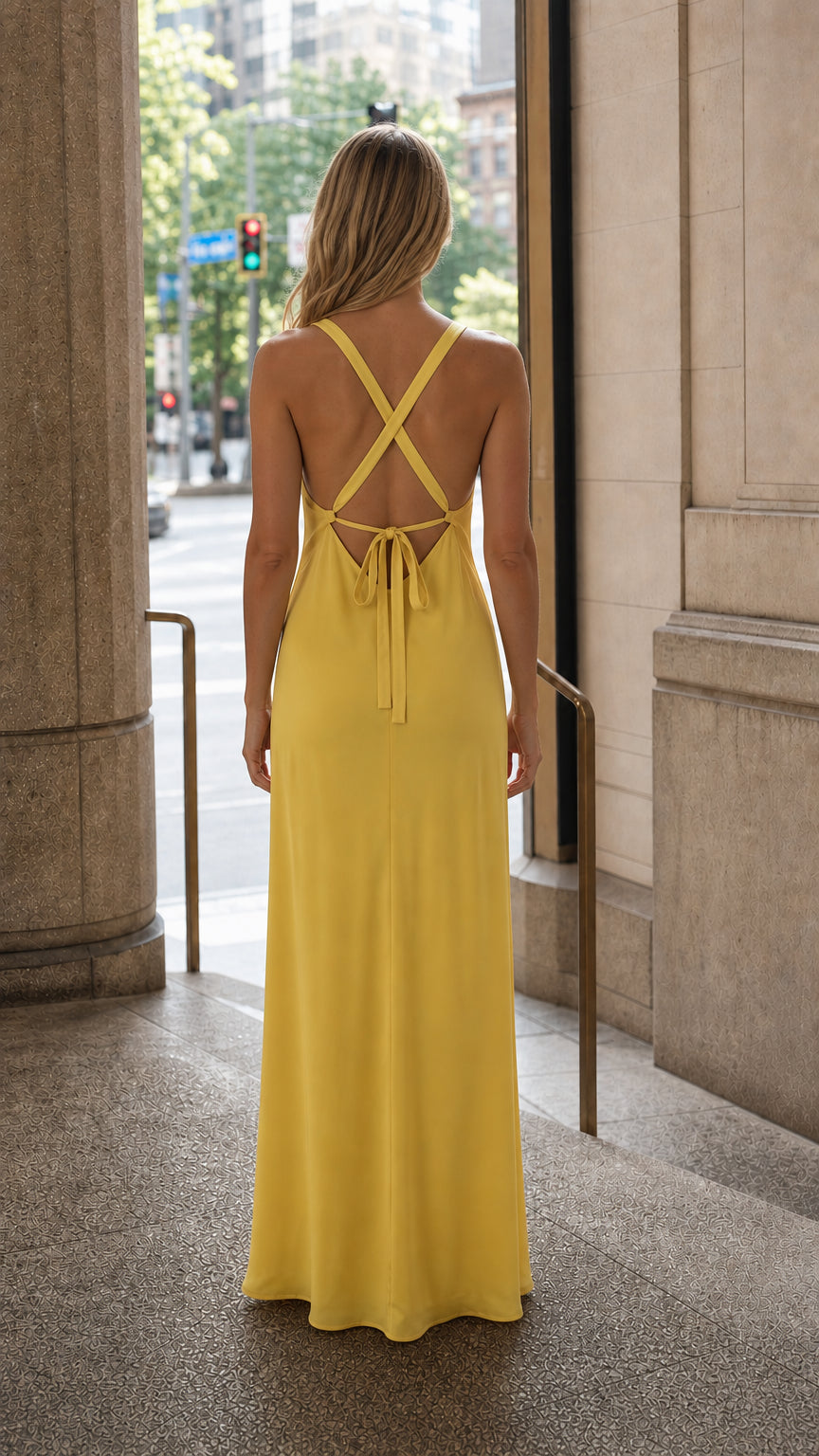 Back view showing cross-back tie straps on yellow dress