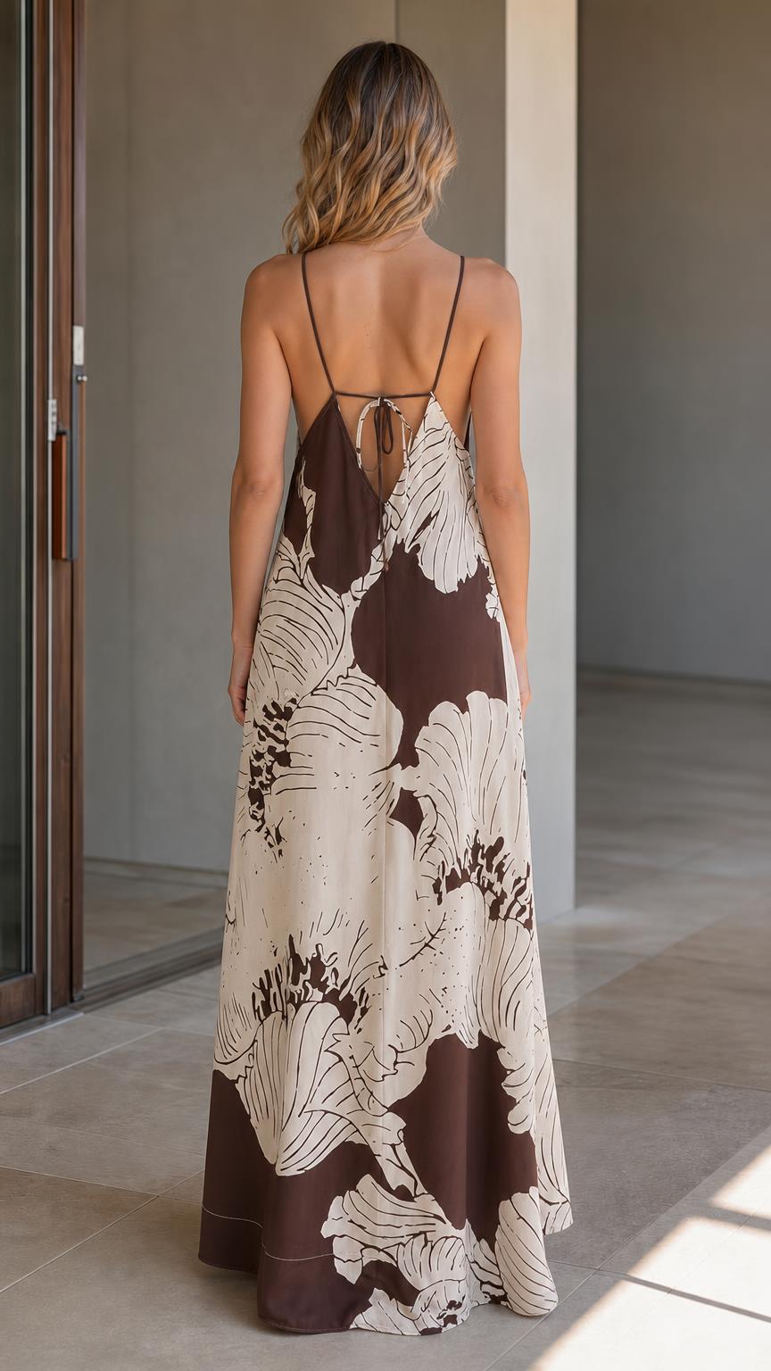 Back view of model showing tie detail on brown floral maxi dress