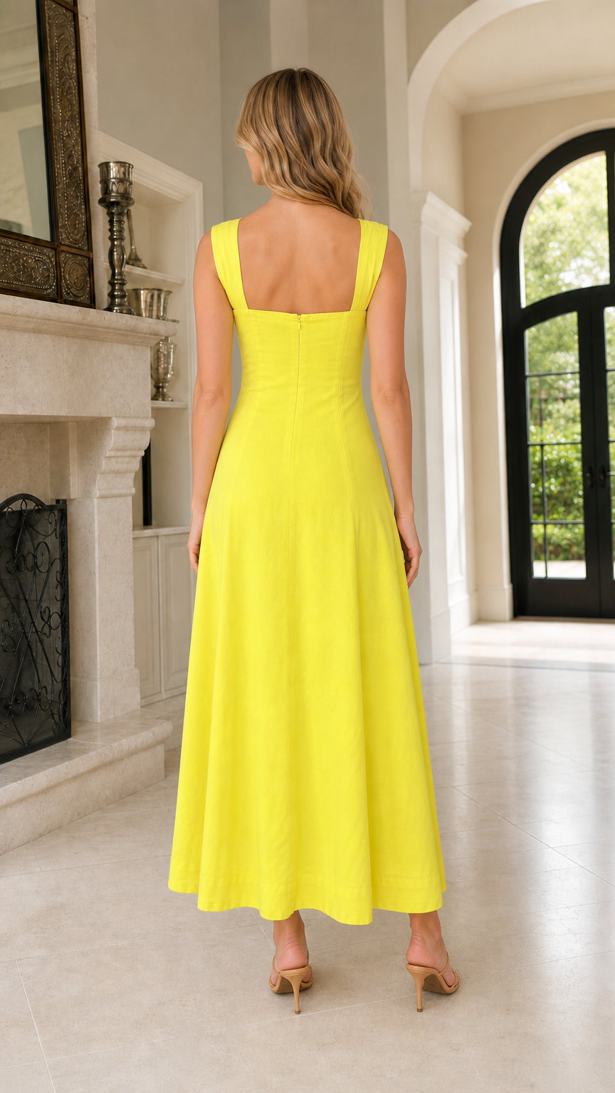 Back view of woman wearing yellow tie-front midi dress