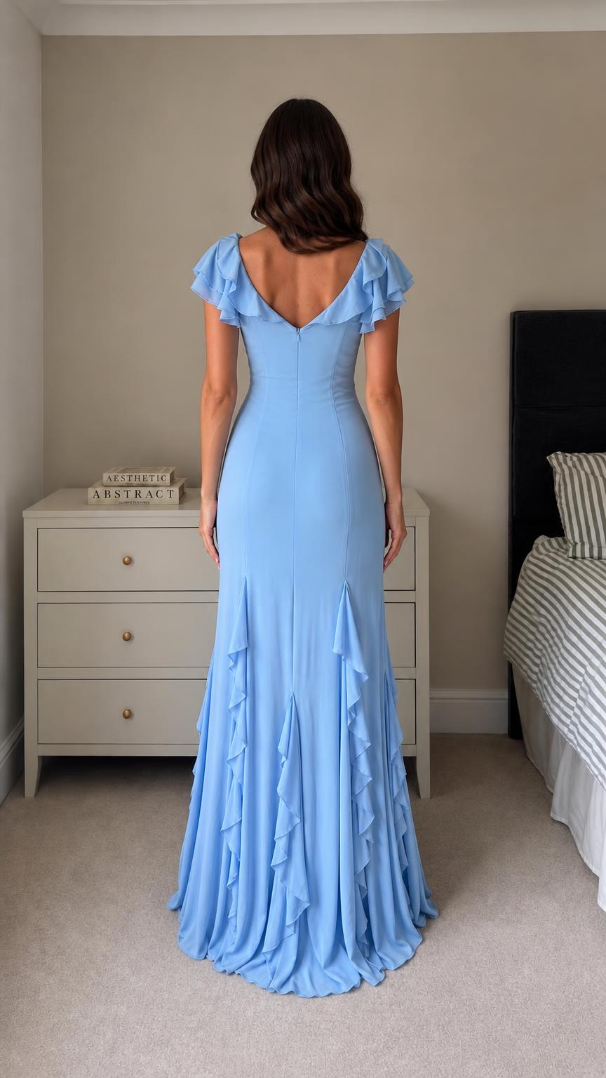 Back view of Light Blue maxi dress highlighting V-back design